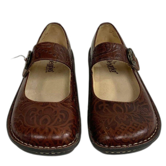 Alegria Shoes - Alegria Paloma Embossed Brown Leather Mary Jane Clogs Size 38 (7.5)